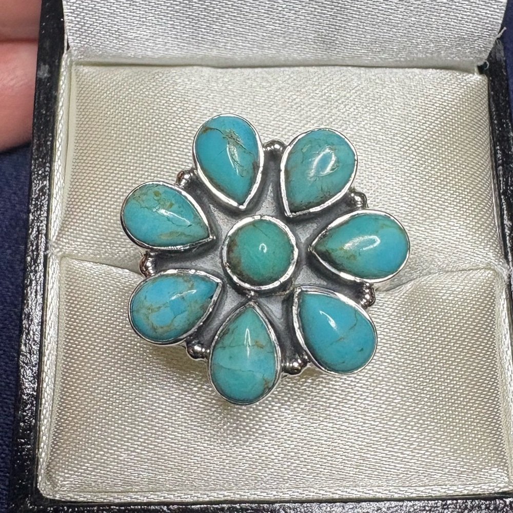 Turquoise Flower Design Statement Ring 925 Sterling Silver